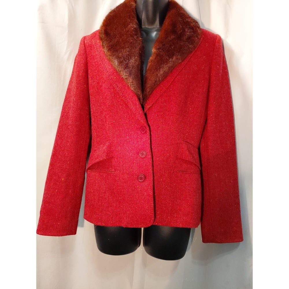 Women's Vintage 90s Ann Klein Blazer Jacket Wool Tweed Faux Fur Collar Sz 6